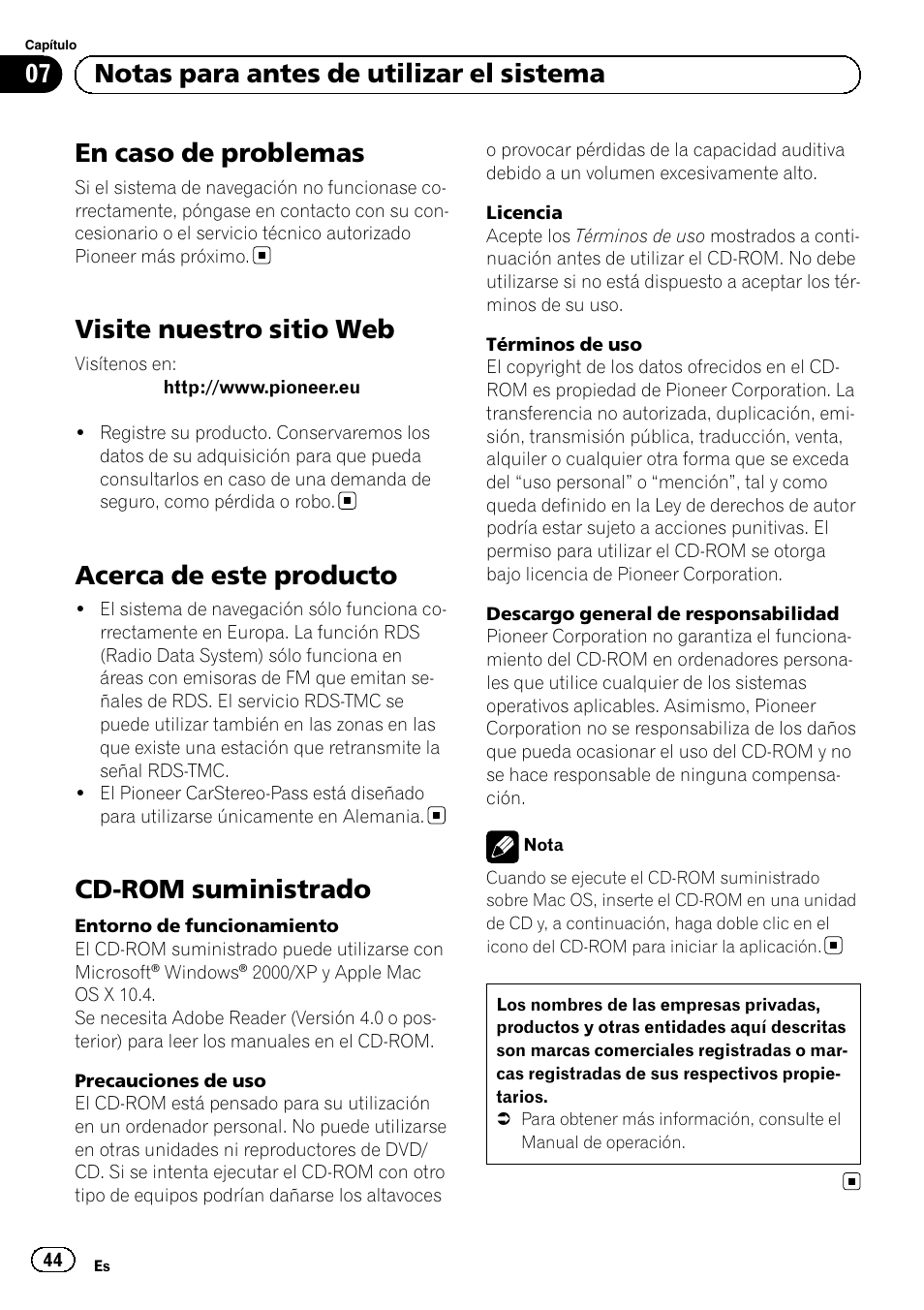 Visite nuestro sitio web, Acerca de este producto, Cd-rom suministrado | En caso de problemas, 07 notas para antes de utilizar el sistema | Pioneer AVIC-F920BT User Manual | Page 44 / 120
