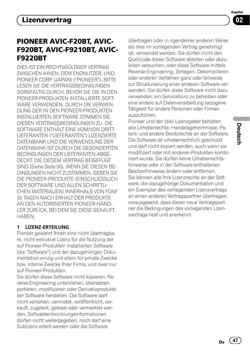 F9210bt, avic-f9220bt, 02 lizenzvertrag | Pioneer AVIC-F920BT User Manual | Page 47 / 120