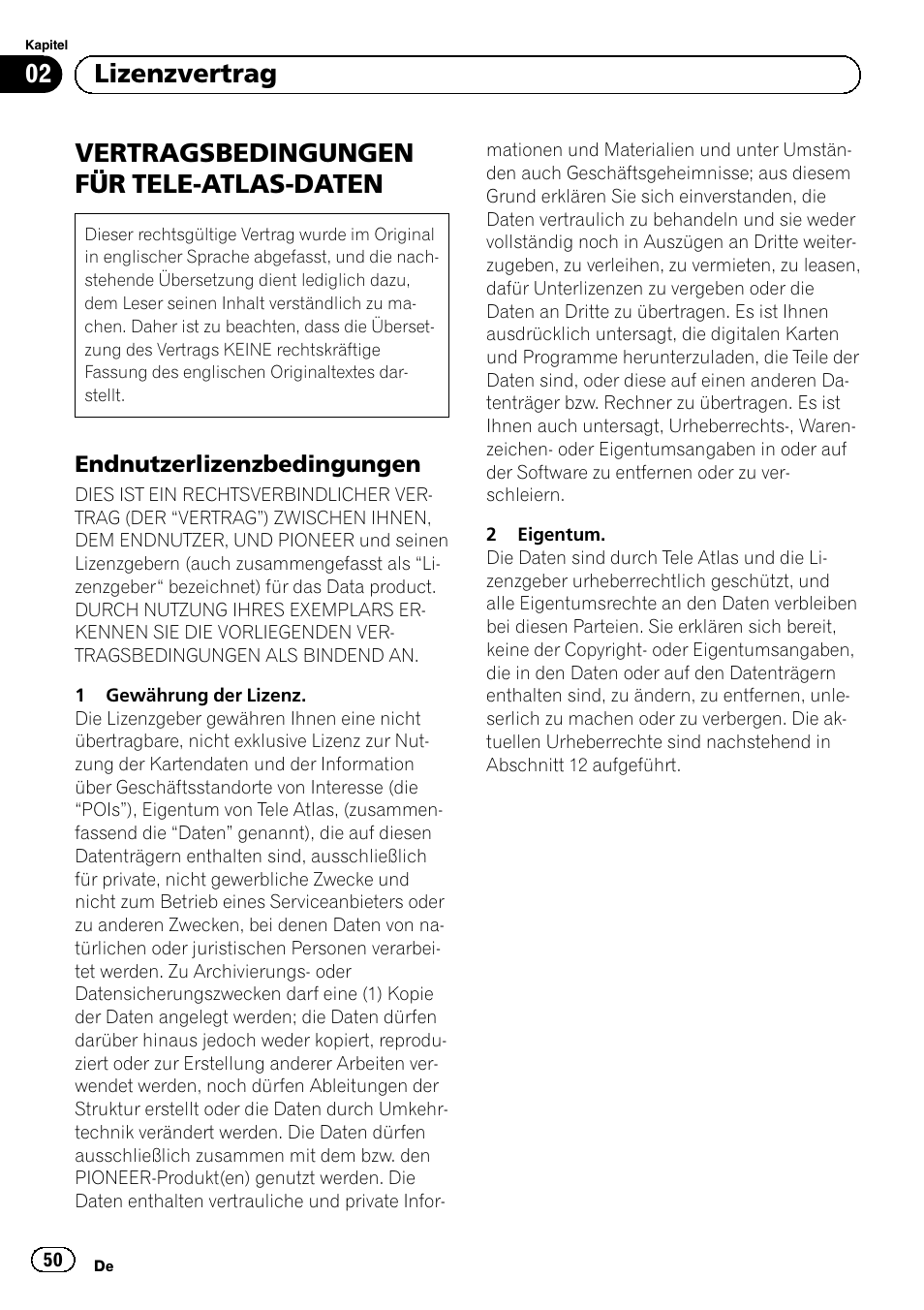 Vertragsbedingungen für tele-atlas, Daten, Endnutzerlizenzbedingungen 50 | Vertragsbedingungen für tele-atlas-daten, 02 lizenzvertrag | Pioneer AVIC-F920BT User Manual | Page 50 / 120