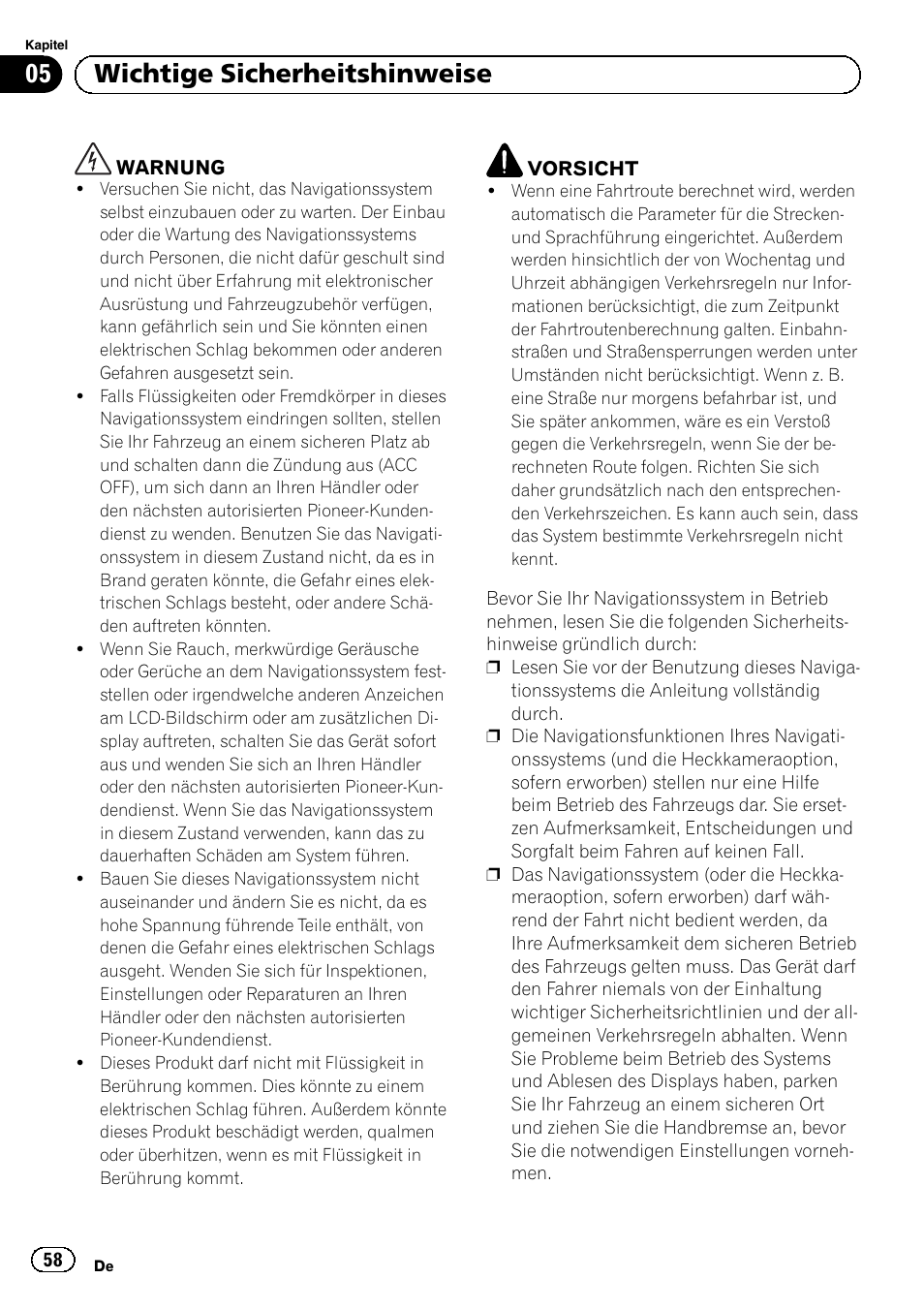 Wichtige sicherheitshinweise, 05 wichtige sicherheitshinweise | Pioneer AVIC-F920BT User Manual | Page 58 / 120