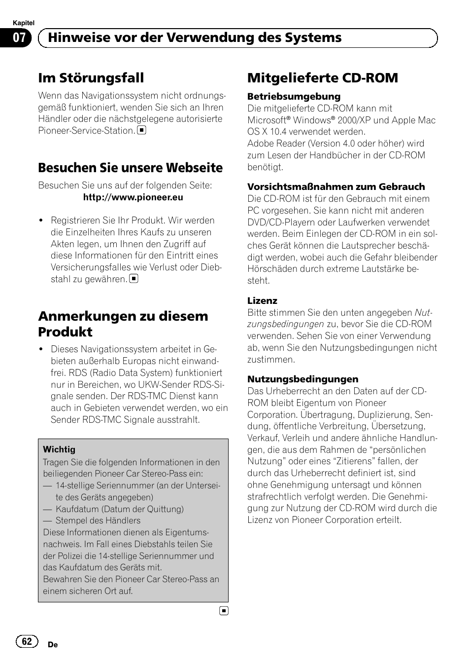 Besuchen sie unsere webseite, Anmerkungen zu diesem produkt, Mitgelieferte cd-rom | Im störungsfall, 07 hinweise vor der verwendung des systems | Pioneer AVIC-F920BT User Manual | Page 62 / 120