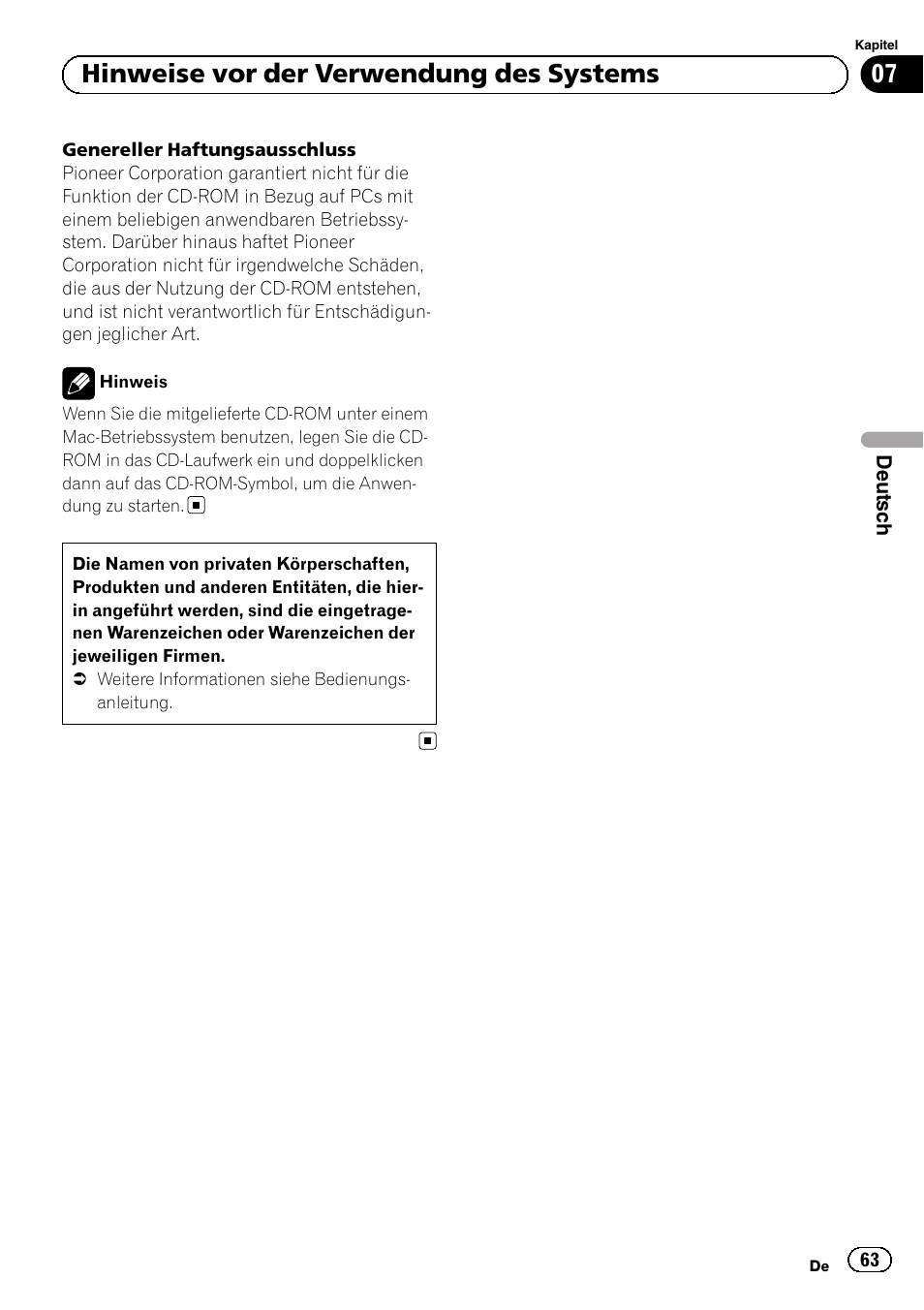 07 hinweise vor der verwendung des systems | Pioneer AVIC-F920BT User Manual | Page 63 / 120