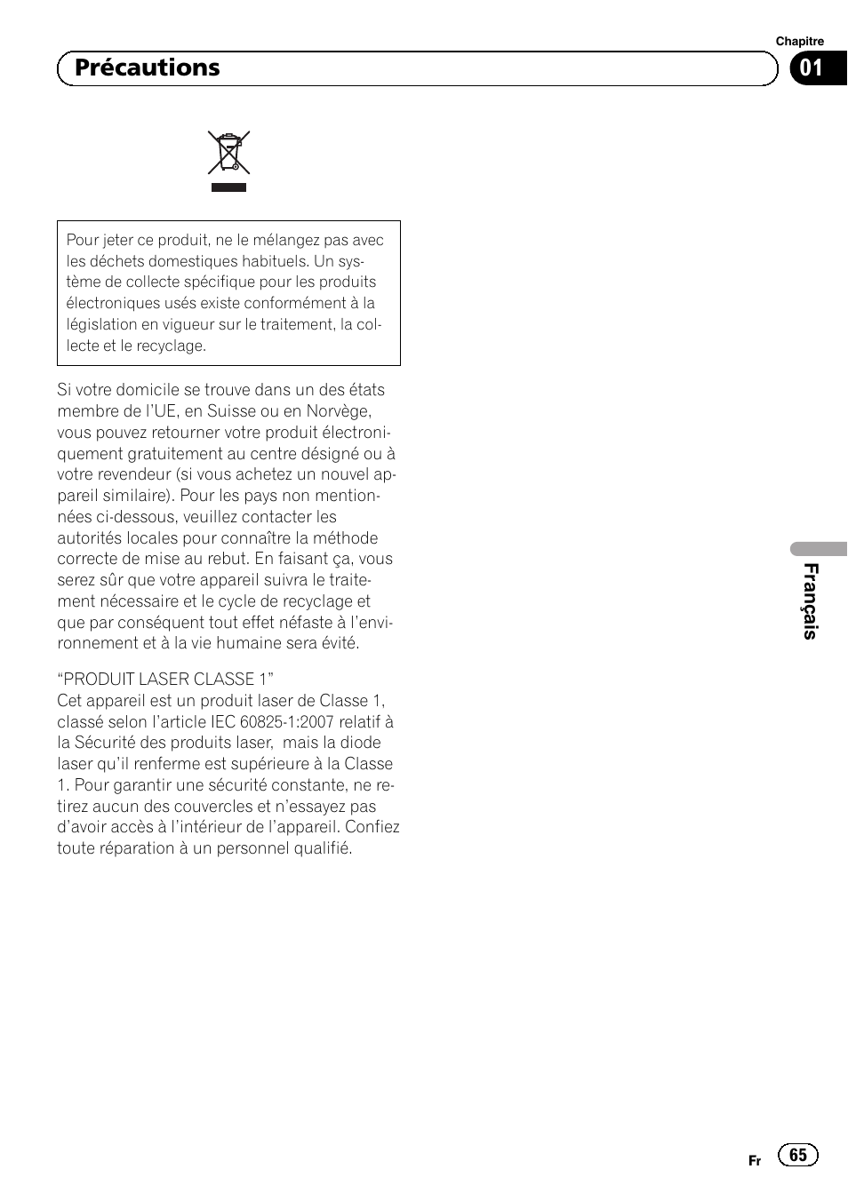 Précautions, 01 précautions | Pioneer AVIC-F920BT User Manual | Page 65 / 120