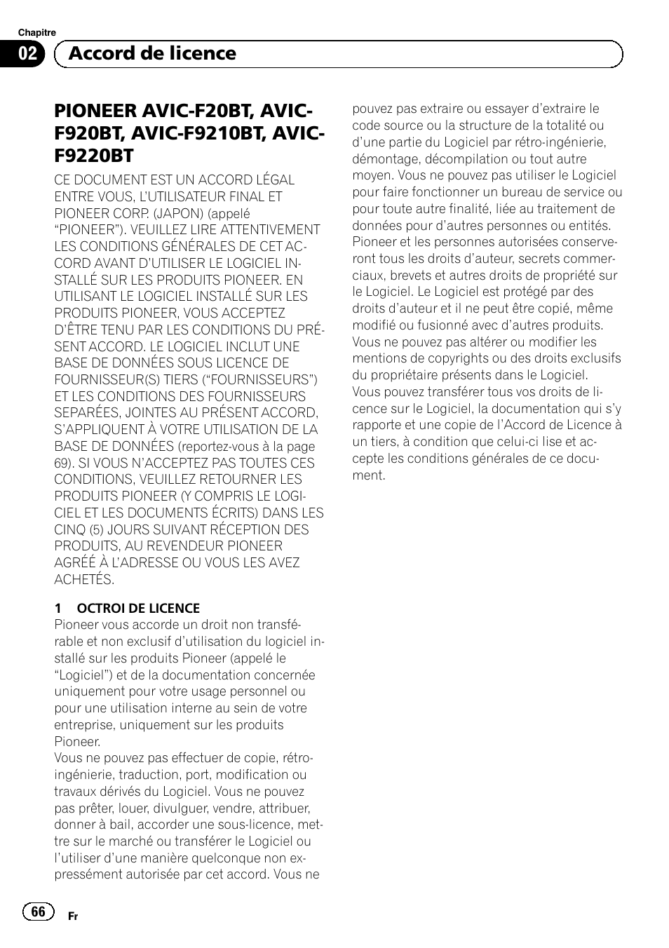 F9210bt, avic-f9220bt, 02 accord de licence | Pioneer AVIC-F920BT User Manual | Page 66 / 120