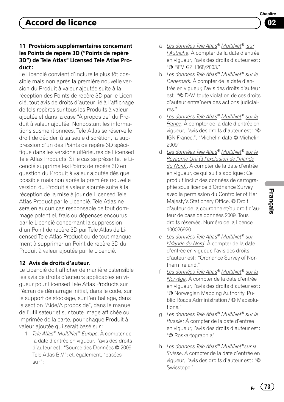 02 accord de licence, Français | Pioneer AVIC-F920BT User Manual | Page 73 / 120