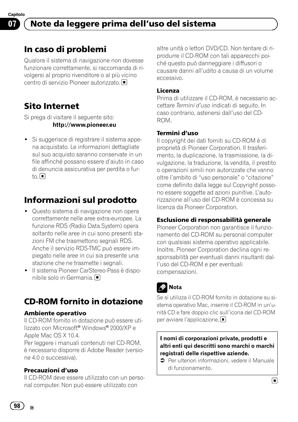 Note da leggere prima dell, Uso del, Sistema in caso di problemi | Sito internet, Informazioni sul prodotto, Cd-rom fornito in dotazione | Pioneer AVIC-F920BT User Manual | Page 98 / 120