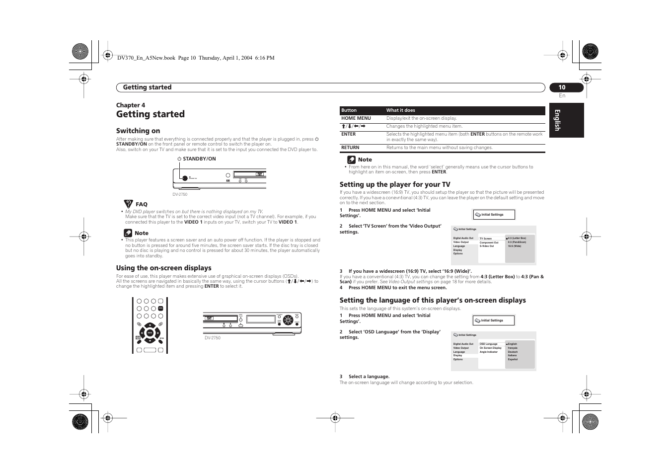 Standby/on, Top menu menu home menu return enter open/ close, Getting started | English, Switching on, Using the on-screen displays, Setting up the player for your tv | Pioneer DV-470-S User Manual | Page 10 / 28