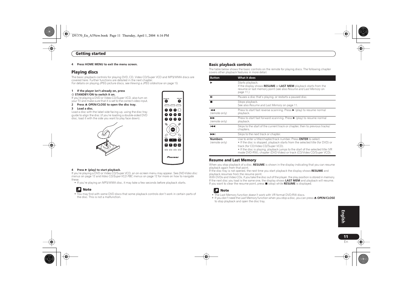 English, Playing discs | Pioneer DV-470-S User Manual | Page 11 / 28