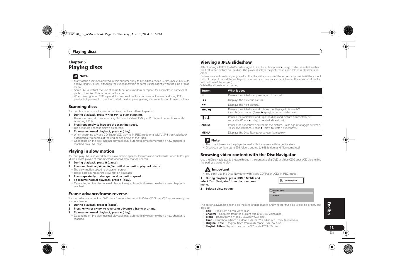 Playing discs, English, Scanning discs | Playing in slow motion, Frame advance/frame reverse, Viewing a jpeg slideshow, Browsing video content with the disc navigator | Pioneer DV-470-S User Manual | Page 13 / 28