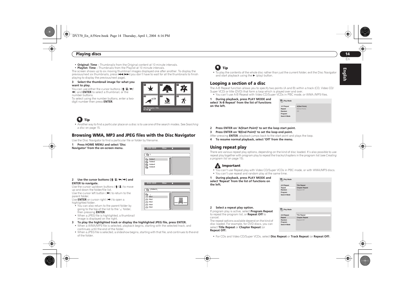 English, Using repeat play, Playing discs | Pioneer DV-470-S User Manual | Page 14 / 28