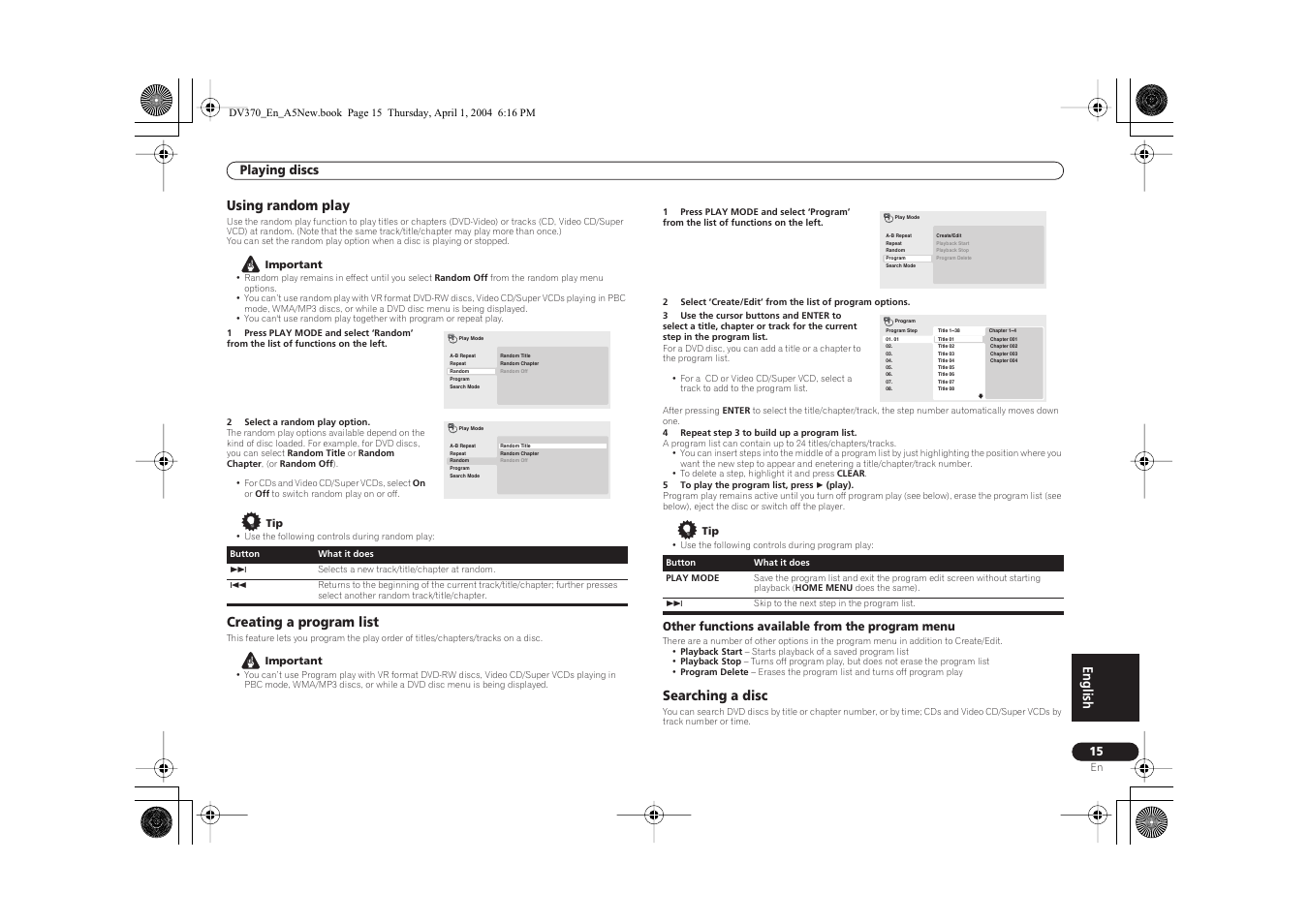 English, Using random play, Creating a program list | Searching a disc, Playing discs, Other functions available from the program menu | Pioneer DV-470-S User Manual | Page 15 / 28