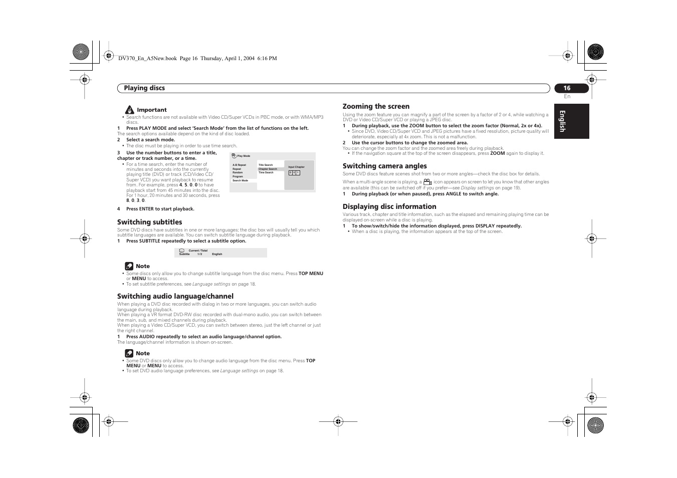 English, Switching subtitles, Switching audio language/channel | Zooming the screen, Switching camera angles, Displaying disc information | Pioneer DV-470-S User Manual | Page 16 / 28