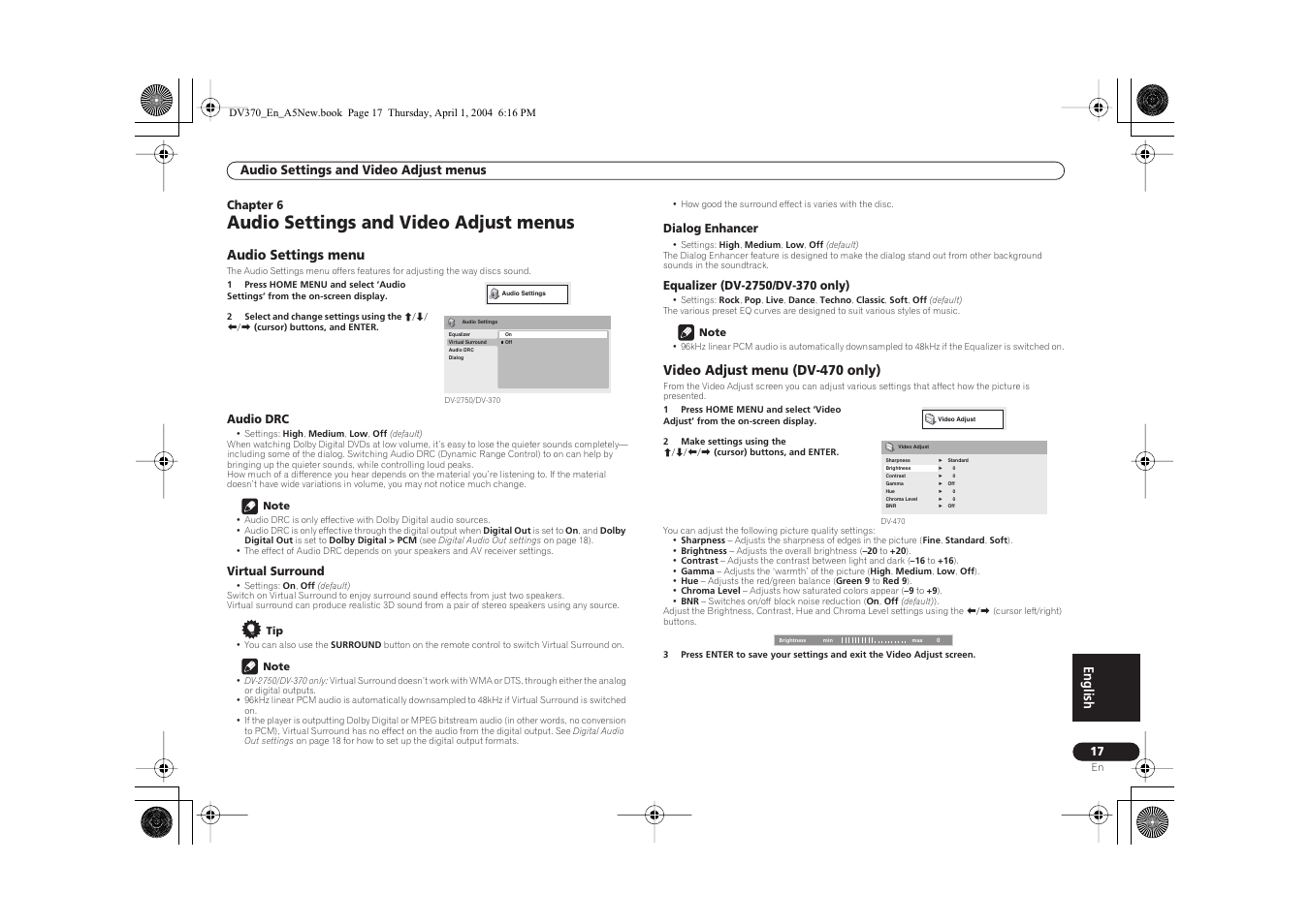 Audio settings and video adjust menus, English, Audio settings menu | Video adjust menu (dv-470 only) | Pioneer DV-470-S User Manual | Page 17 / 28