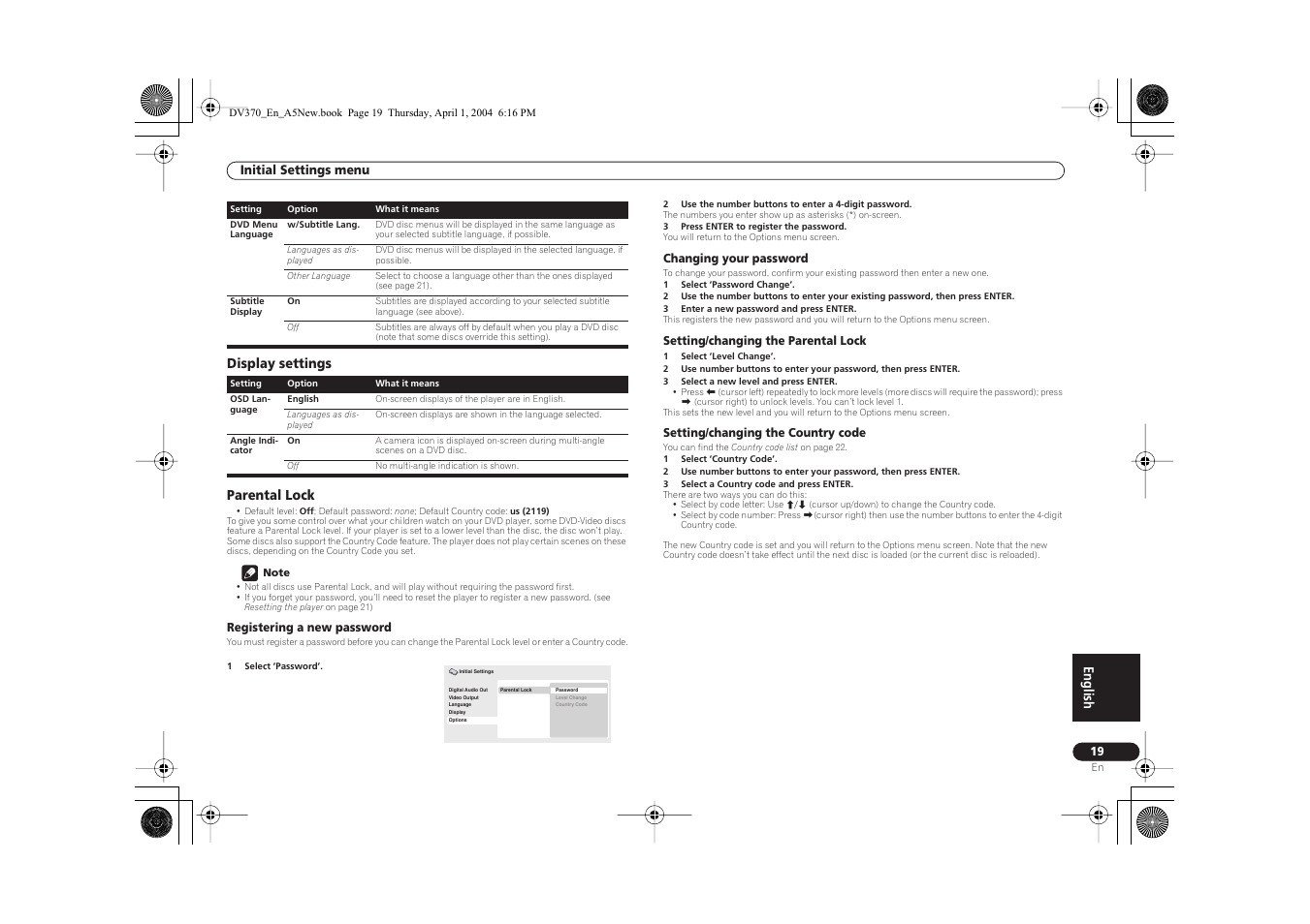 English, Display settings parental lock | Pioneer DV-470-S User Manual | Page 19 / 28