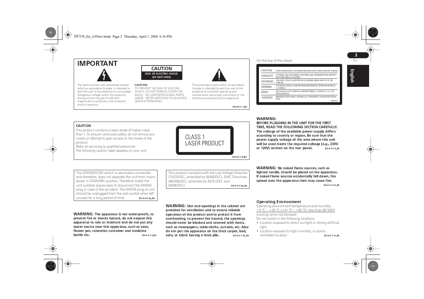 Important, Class 1 laser product | Pioneer DV-470-S User Manual | Page 2 / 28