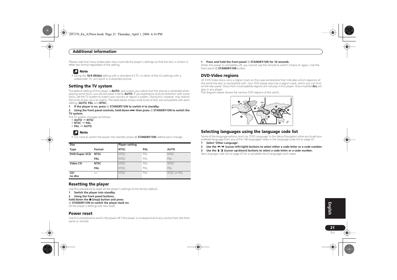 English, Setting the tv system, Resetting the player | Power reset, Dvd-video regions, Selecting languages using the language code list | Pioneer DV-470-S User Manual | Page 21 / 28