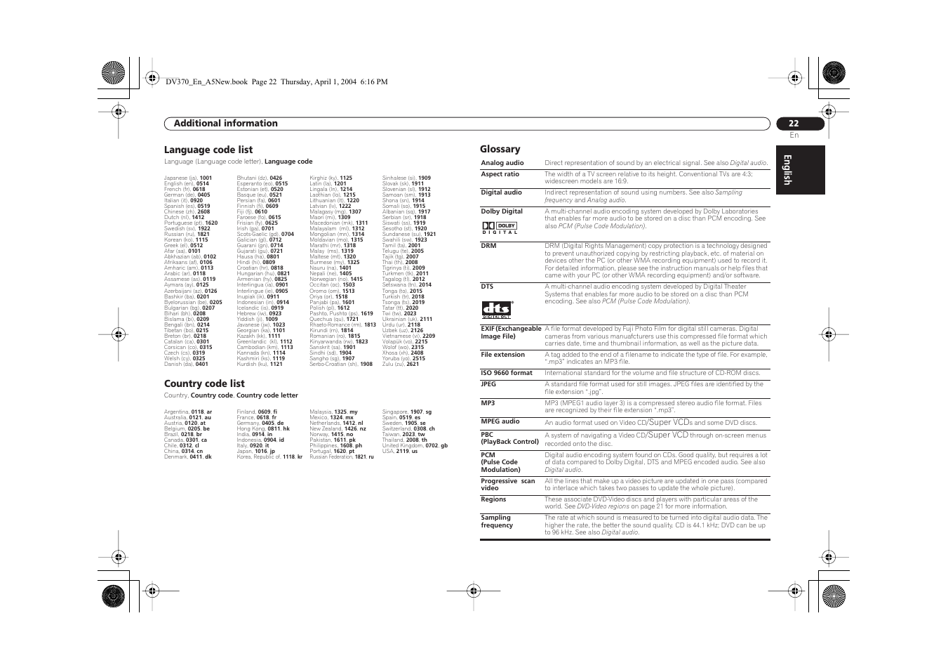 English, Language code list, Country code list | Glossary | Pioneer DV-470-S User Manual | Page 22 / 28