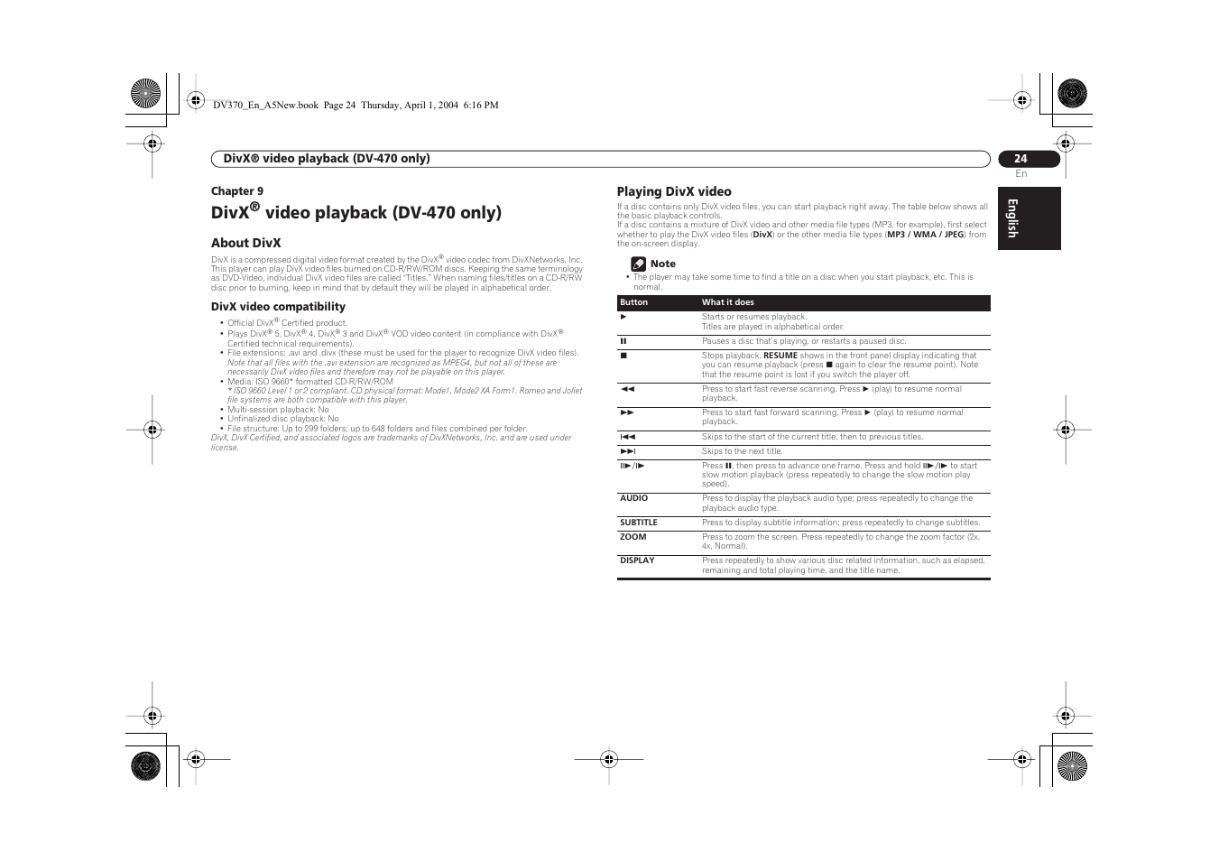 Divx, Video playback (dv-470 only) | Pioneer DV-470-S User Manual | Page 24 / 28