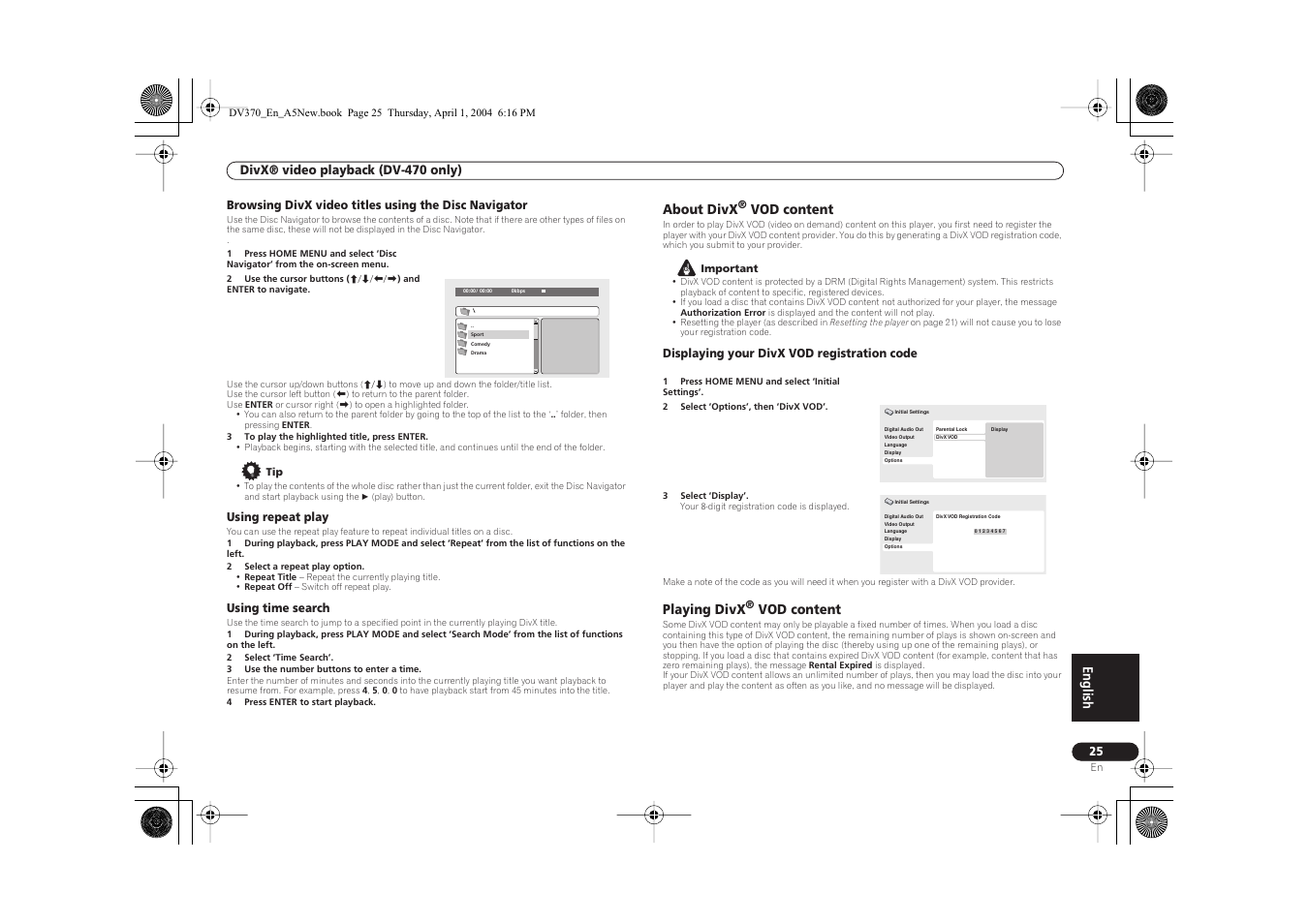 English, About divx, Vod content | Playing divx | Pioneer DV-470-S User Manual | Page 25 / 28