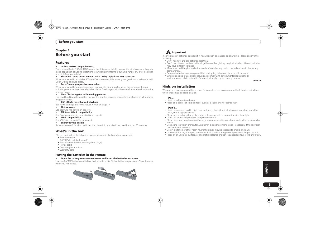 Before you start, English, Features | What’s in the box, Hints on installation | Pioneer DV-470-S User Manual | Page 5 / 28