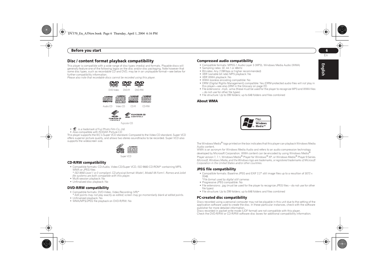 English, Disc / content format playback compatibility | Pioneer DV-470-S User Manual | Page 6 / 28
