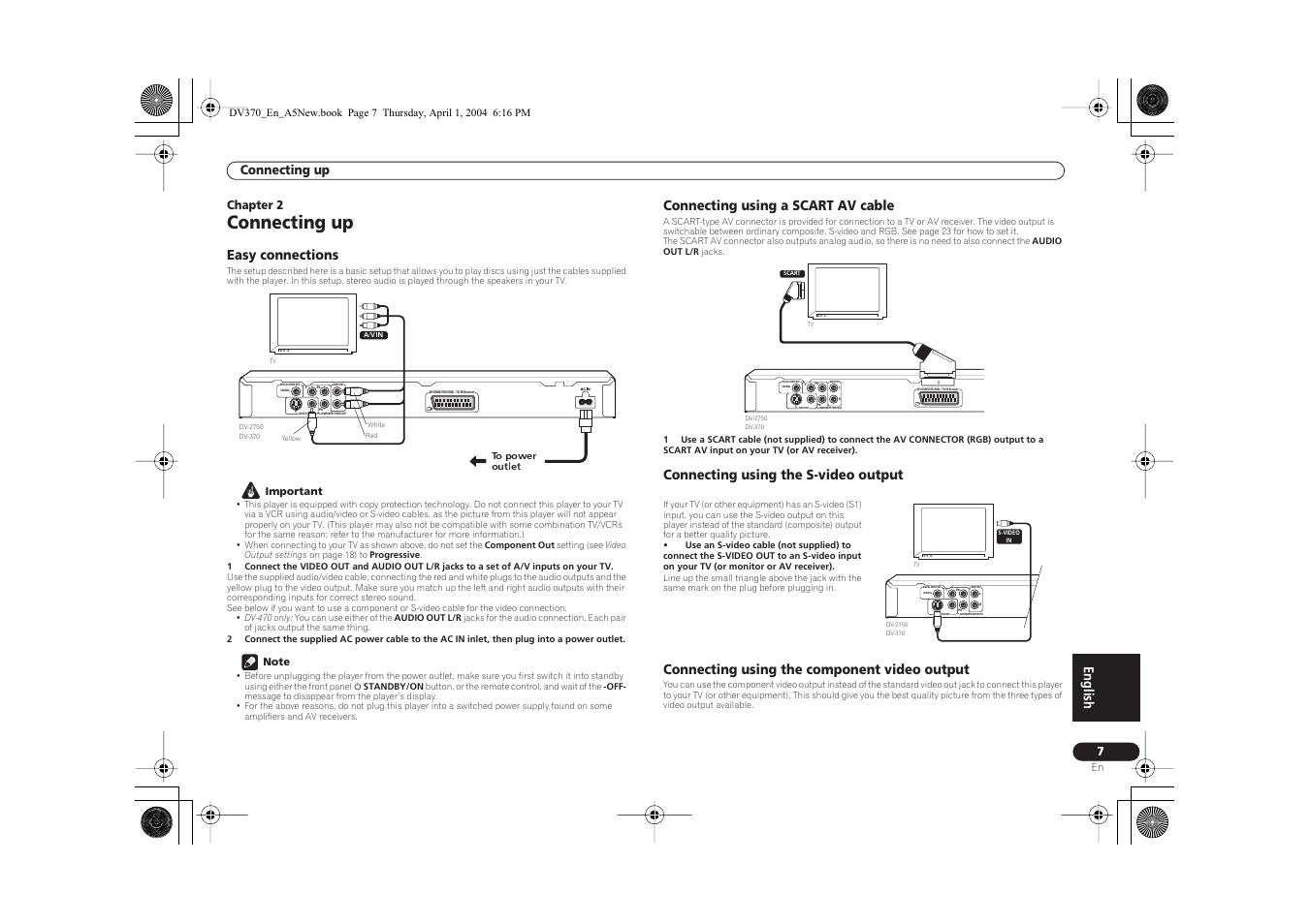 English, Easy connections, Connecting using a scart av cable | Connecting up, Chapter 2 | Pioneer DV-470-S User Manual | Page 7 / 28