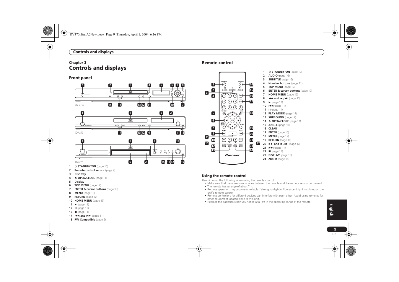 Standby/on, Standby/on open/close, Controls and displays | English, Front panel, Remote control | Pioneer DV-470-S User Manual | Page 9 / 28