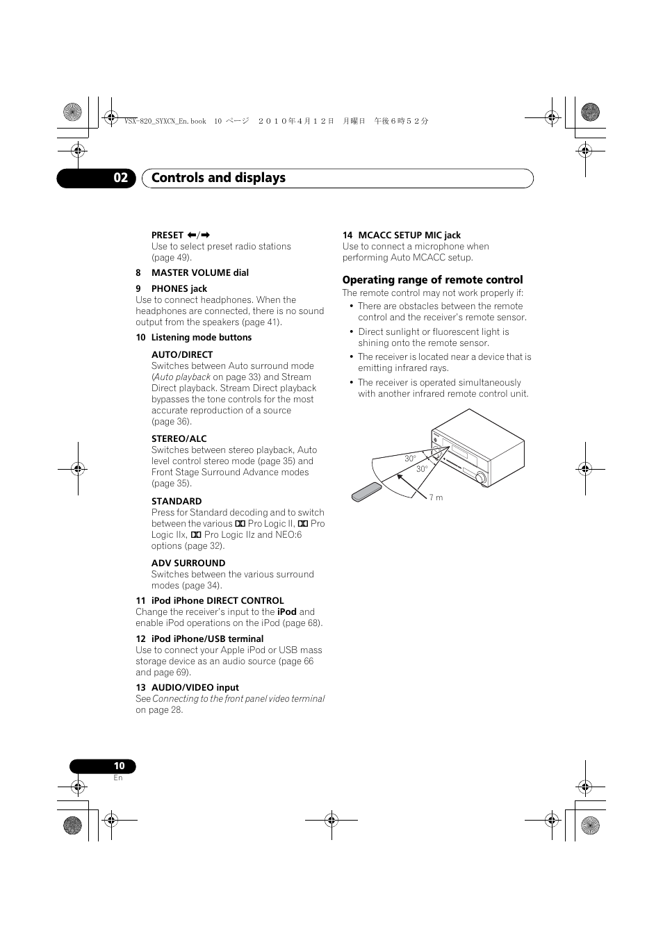 Operating range of remote control, Controls and displays 02 | Pioneer VSX-820-K User Manual | Page 10 / 244