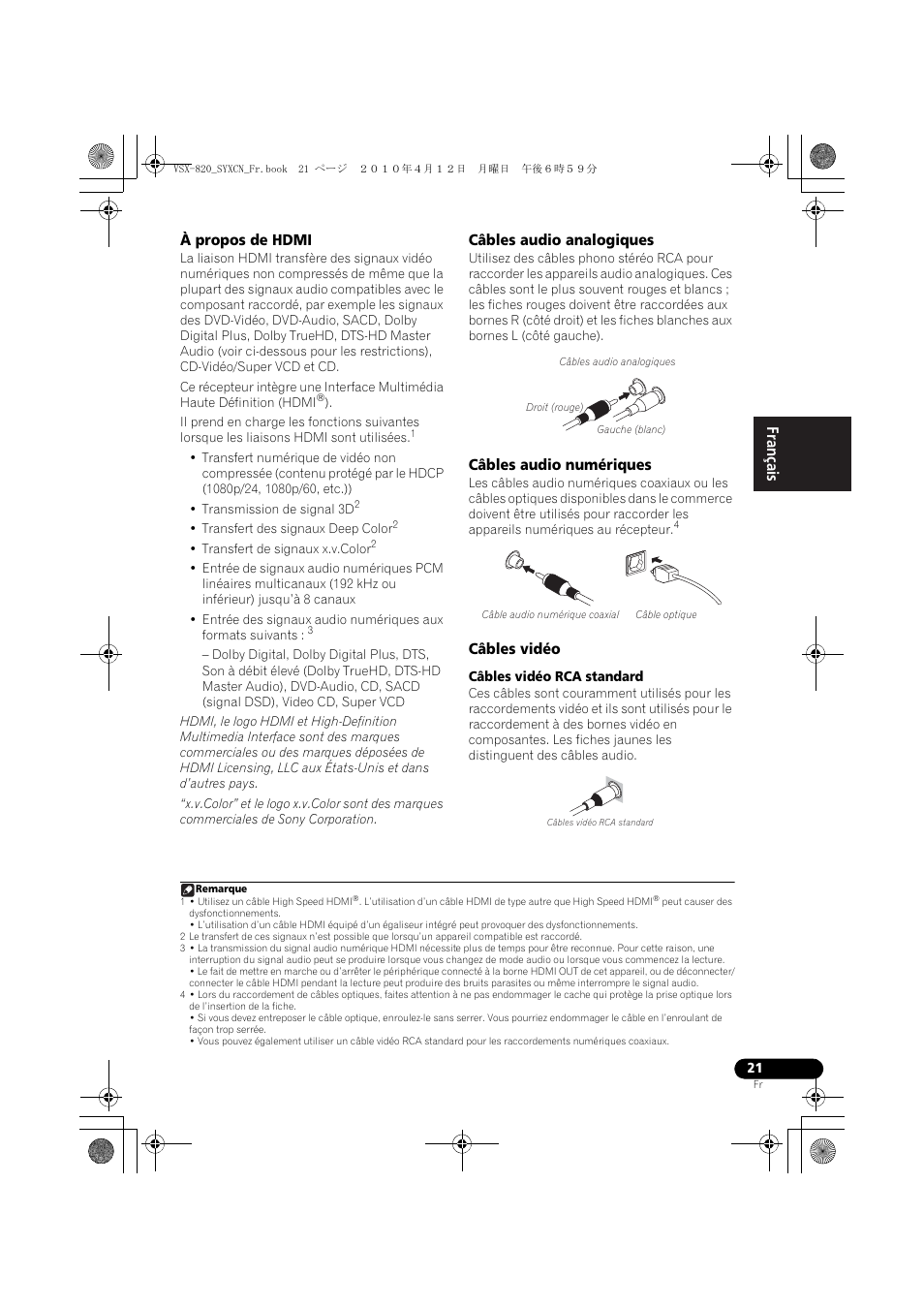 À propos de hdmi, Câbles audio analogiques, Câbles audio numériques | Câbles vidéo | Pioneer VSX-820-K User Manual | Page 101 / 244