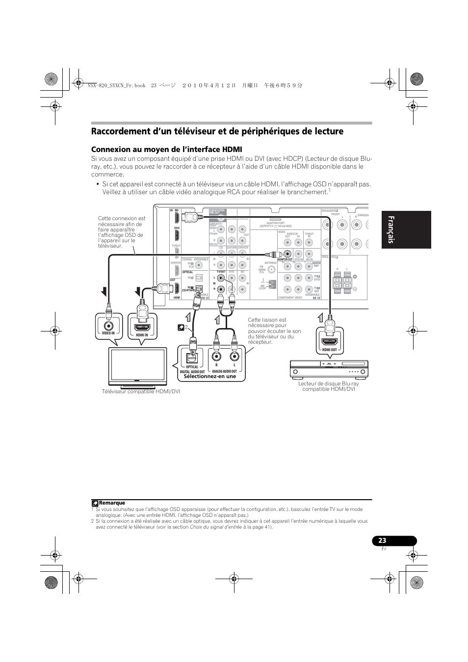 Connexion au moyen de l’interface hdmi, Remarque | Pioneer VSX-820-K User Manual | Page 103 / 244