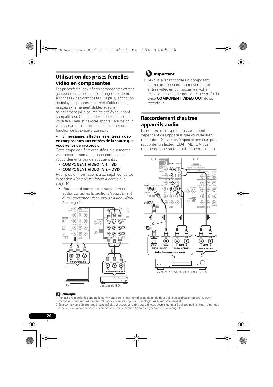 Raccordement d’autres appareils audio, Lecteur de bd tv remarque | Pioneer VSX-820-K User Manual | Page 106 / 244