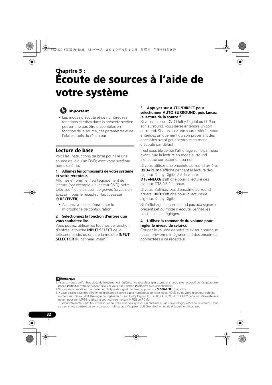 Écoute de sources à l’aide de votre système, Lecture de base, 05 écoute de sources à l’aide de votre système | Chapitre 5 | Pioneer VSX-820-K User Manual | Page 112 / 244