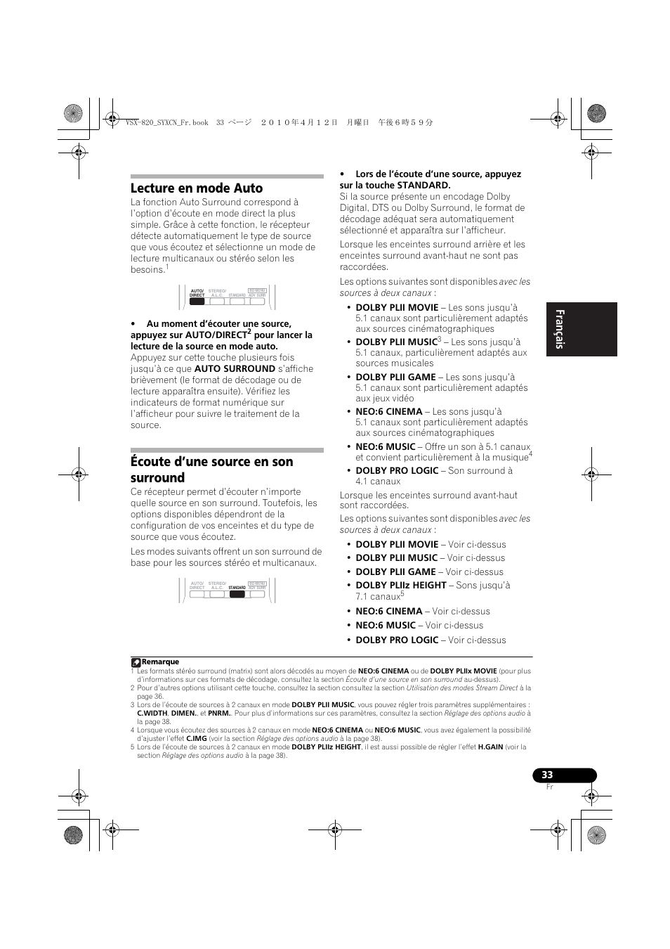 Lecture en mode auto, Écoute d’une source en son surround | Pioneer VSX-820-K User Manual | Page 113 / 244
