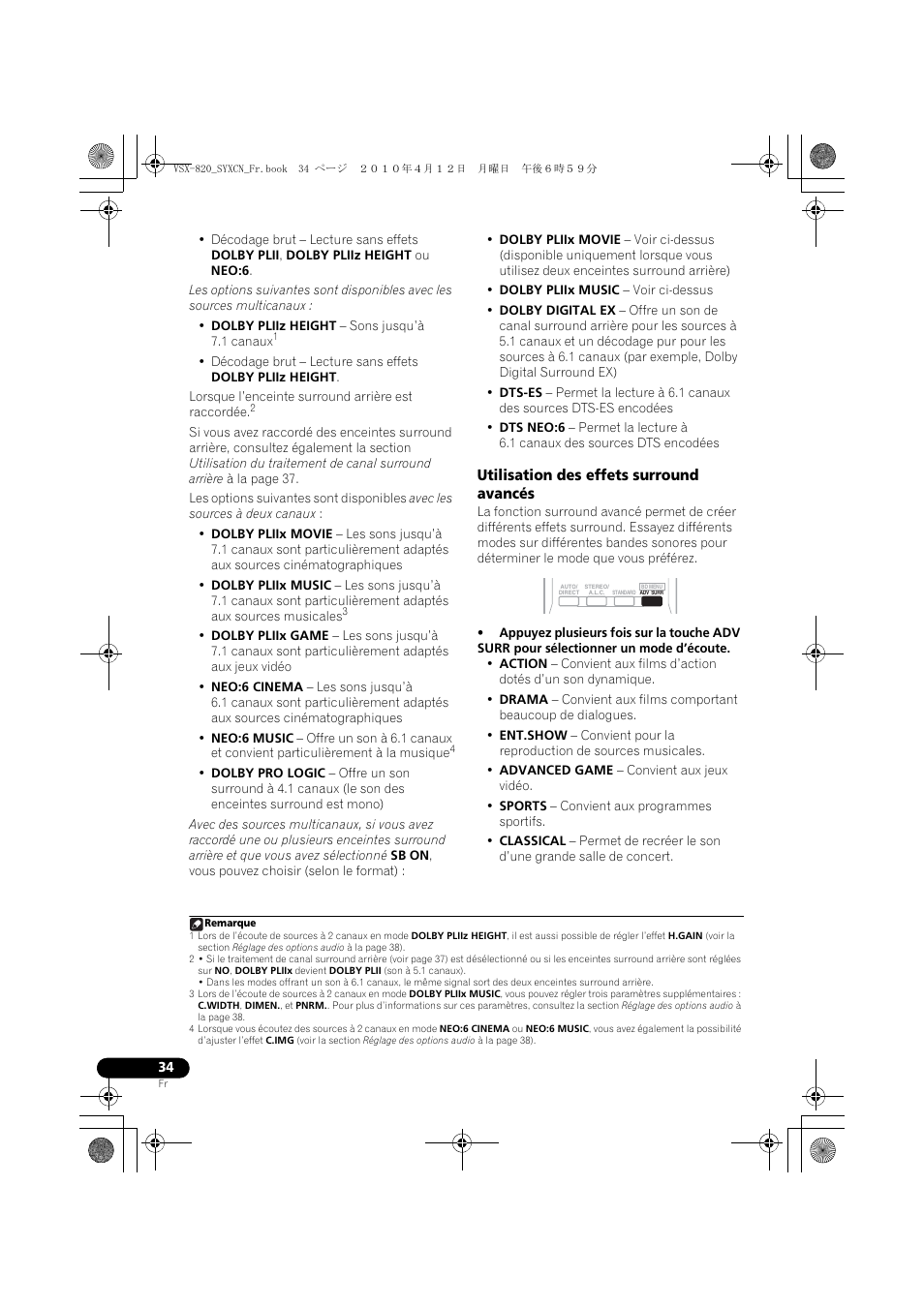 Utilisation des effets surround avancés | Pioneer VSX-820-K User Manual | Page 114 / 244