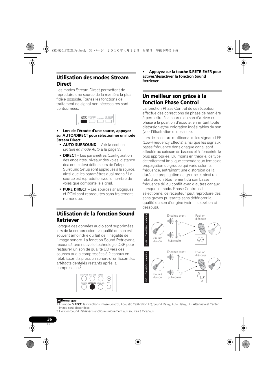 Utilisation des modes stream direct, Utilisation de la fonction sound retriever, Un meilleur son grâce à la fonction phase control | Pioneer VSX-820-K User Manual | Page 116 / 244