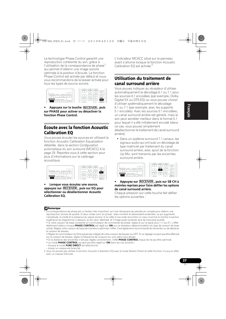 Écoute avec la fonction acoustic calibration eq, Receiver | Pioneer VSX-820-K User Manual | Page 117 / 244