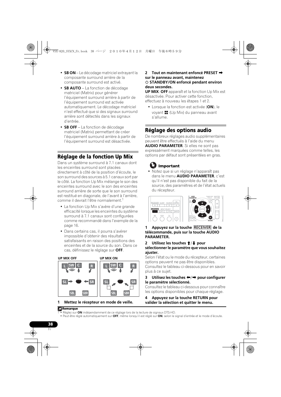 Réglage de la fonction up mix, Réglage des options audio | Pioneer VSX-820-K User Manual | Page 118 / 244