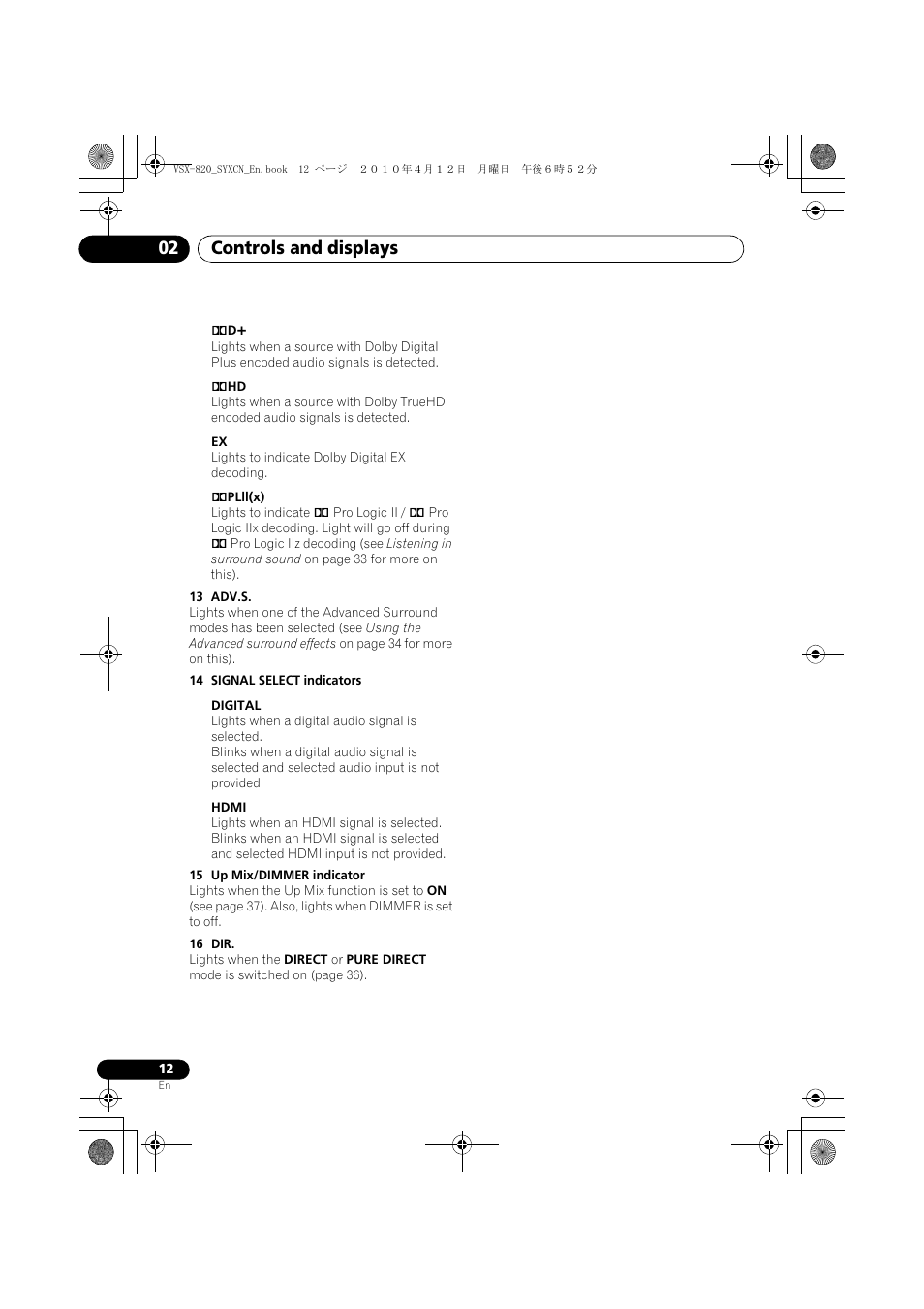 Controls and displays 02 | Pioneer VSX-820-K User Manual | Page 12 / 244