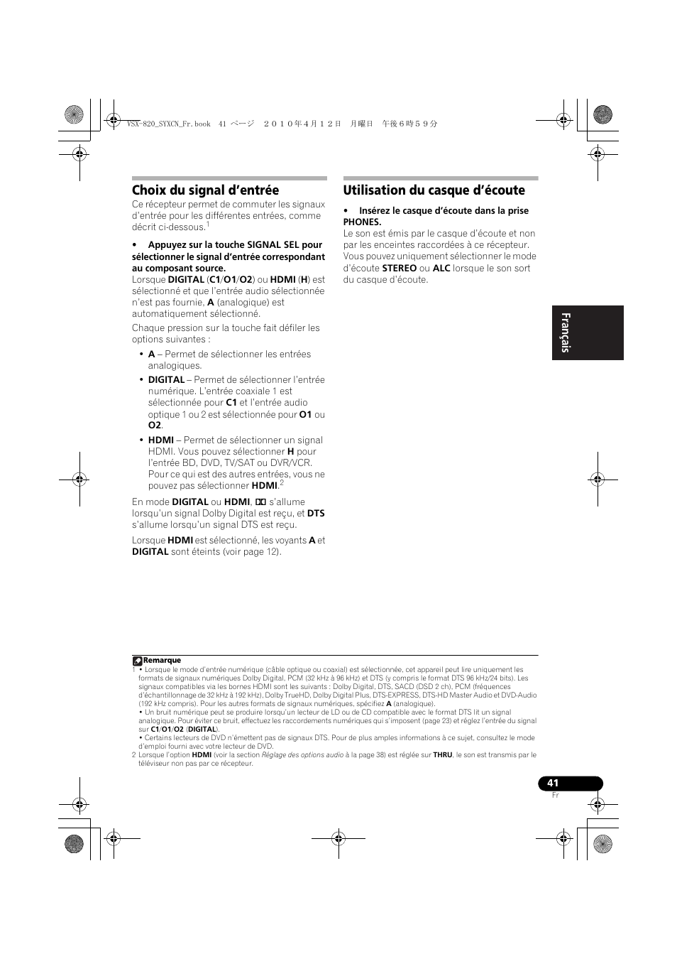 Choix du signal d’entrée, Utilisation du casque d’écoute | Pioneer VSX-820-K User Manual | Page 121 / 244