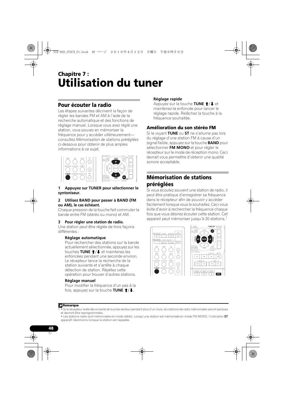 Utilisation du tuner, Pour écouter la radio, Amélioration du son stéréo fm | Mémorisation de stations préréglées, 07 utilisation du tuner, Chapitre 7 | Pioneer VSX-820-K User Manual | Page 128 / 244