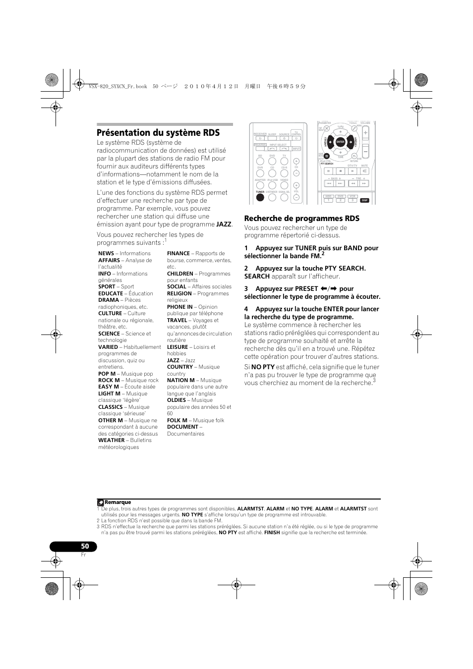 Présentation du système rds, Recherche de programmes rds | Pioneer VSX-820-K User Manual | Page 130 / 244