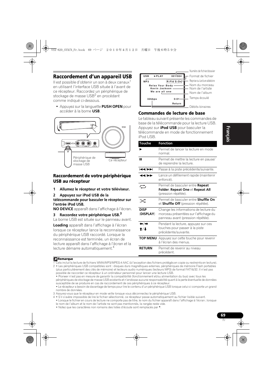 Raccordement d’un appareil usb, Commandes de lecture de base | Pioneer VSX-820-K User Manual | Page 149 / 244