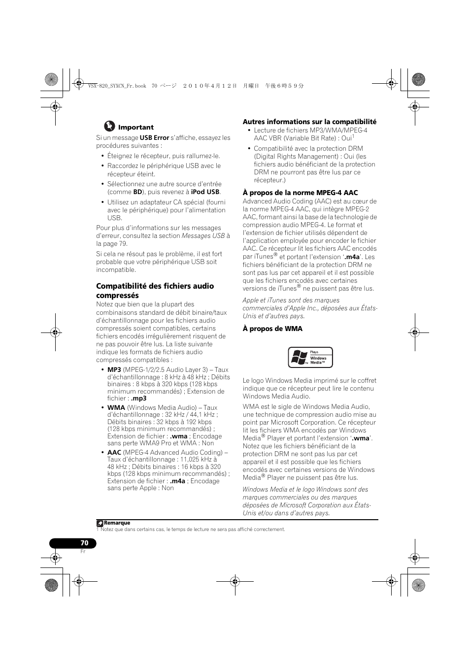 Compatibilité des fichiers audio compressés | Pioneer VSX-820-K User Manual | Page 150 / 244