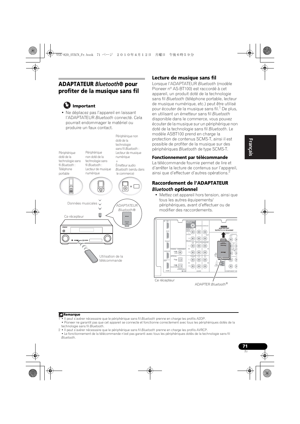 Lecture de musique sans fil, Raccordement de l’adaptateur bluetooth optionnel, Fonctionnement par télécommande | Pioneer VSX-820-K User Manual | Page 151 / 244