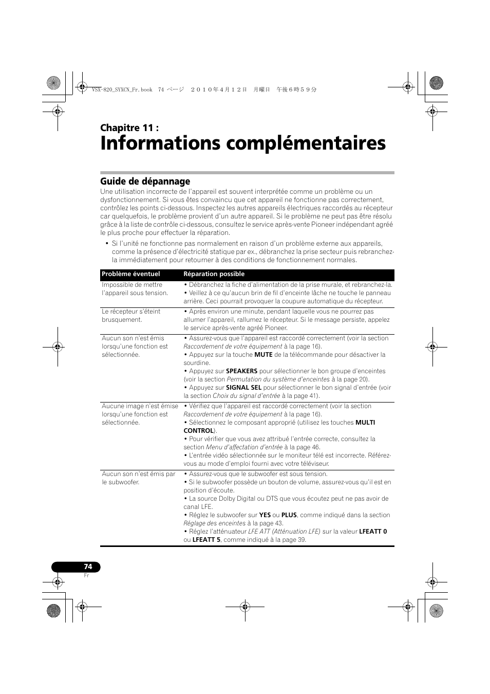 Informations complémentaires, Guide de dépannage, 11 informations complémentaires | Chapitre 11 | Pioneer VSX-820-K User Manual | Page 154 / 244