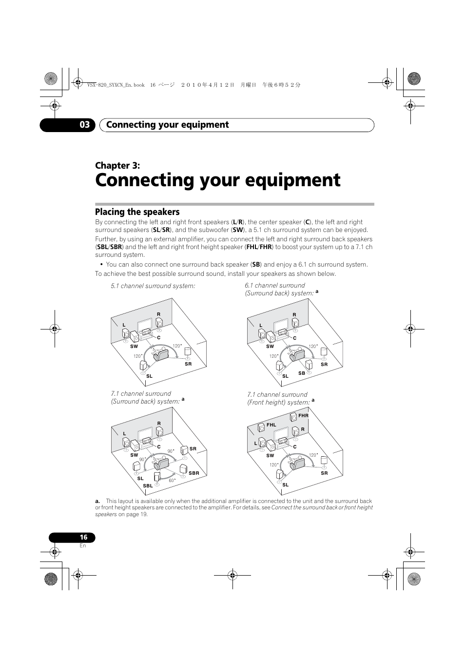 Connecting your equipment, Placing the speakers, 03 connecting your equipment | Connecting your equipment 03, Chapter 3 | Pioneer VSX-820-K User Manual | Page 16 / 244