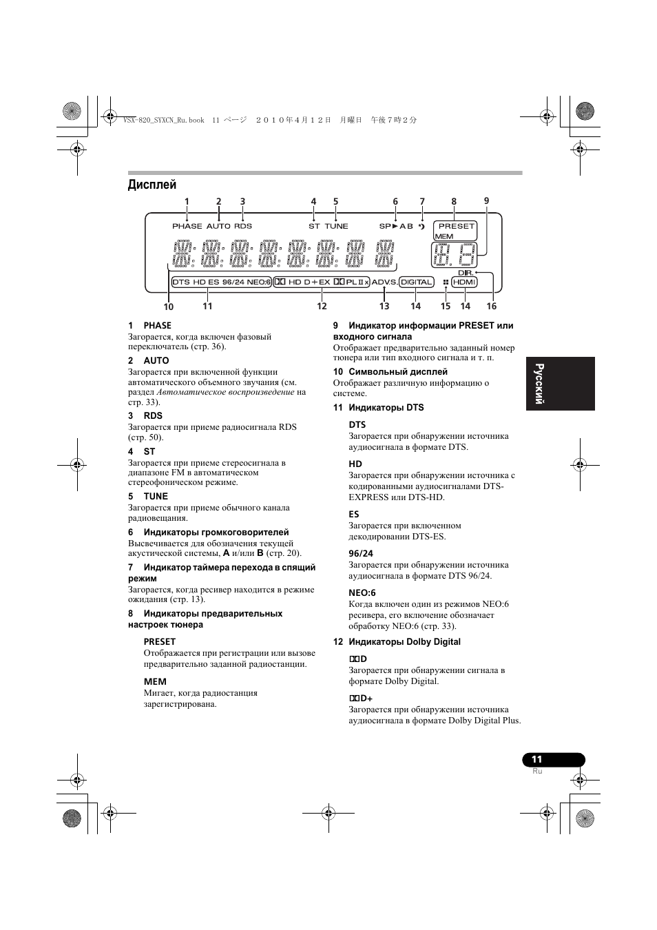 Дисплей | Pioneer VSX-820-K User Manual | Page 171 / 244