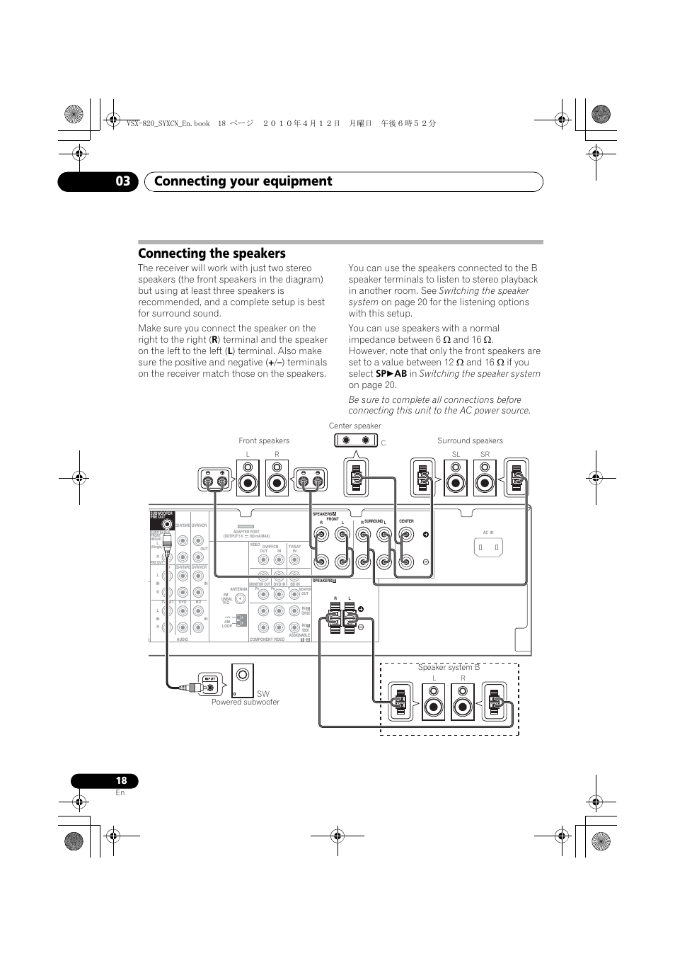 Connecting the speakers, Connecting your equipment 03 | Pioneer VSX-820-K User Manual | Page 18 / 244