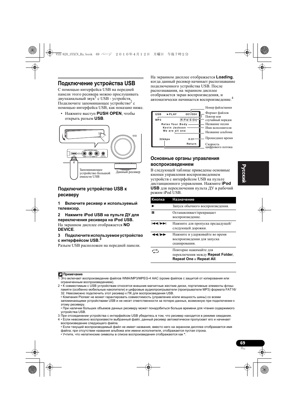 Подкл чение уст²ойства usb, Подкл чите уст²ойство usb к ²есиве²у, Основные о²ганы уп²àâëåíèˇ восп²оизведением | Подключение устройства usb, Подключите устройство usb к ресиверу, Основные органы управления воспроизведением | Pioneer VSX-820-K User Manual | Page 229 / 244