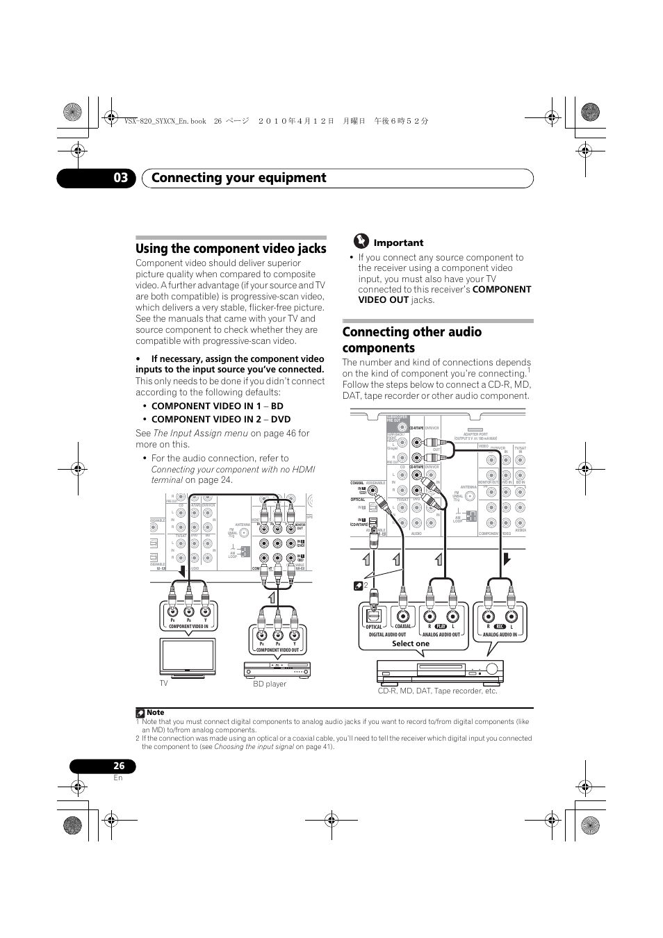 Using the component video jacks, Connecting other audio components, Connecting your equipment 03 | On page 24, Connecting your component with no hdmi terminal | Pioneer VSX-820-K User Manual | Page 26 / 244